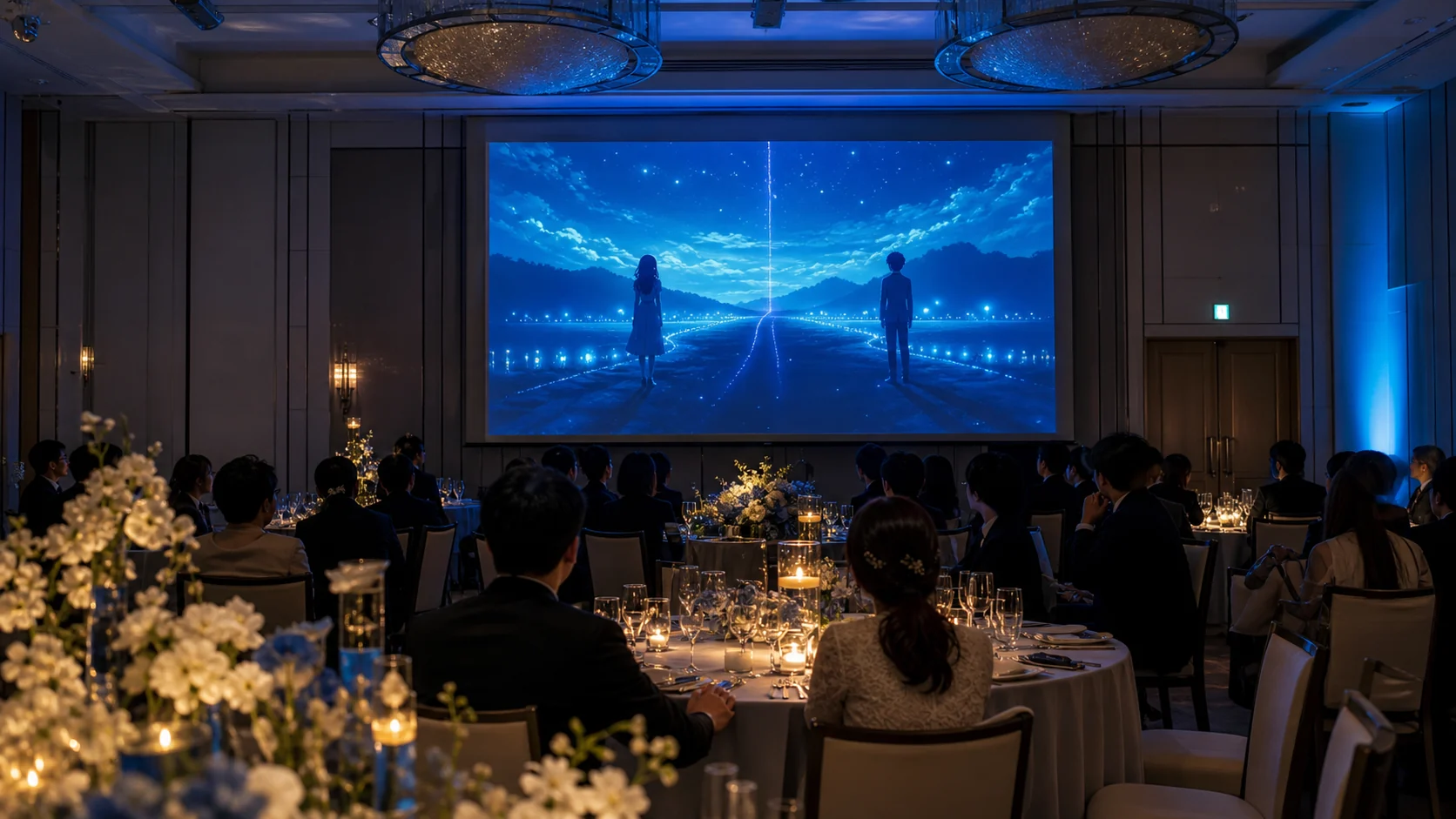 披露宴会場ではじまりの青を上映し、ゲストが青いアニメーション映像に見入っているイメージ