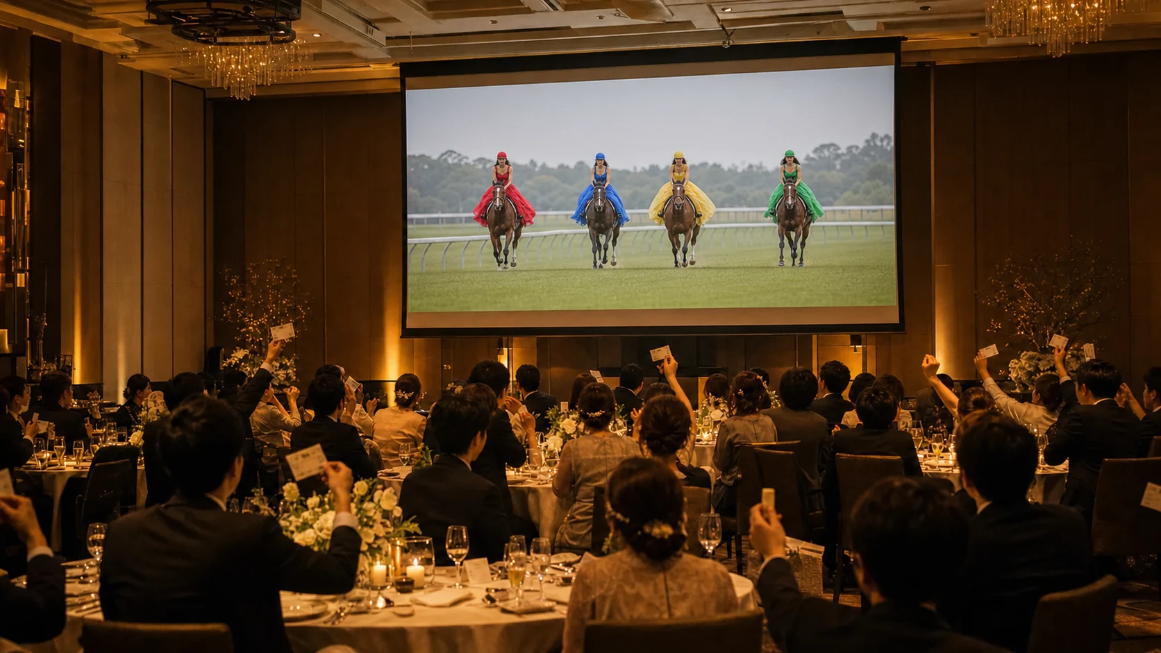 披露宴会場で競馬風ドレス色当てムービーを上映し、ゲストが予想カードを掲げているイメージ